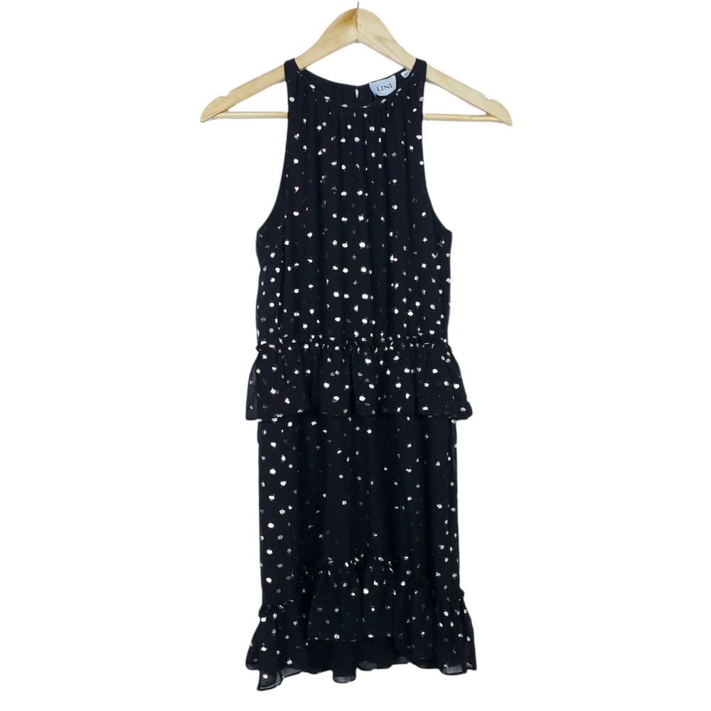 Lini Womens Dress XS Sleeveless Ruffle Waist Black Silver Metallic Zip Up Mini